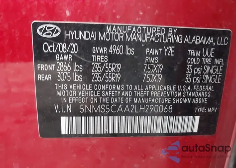 2020 Hyundai Santa Fe Limited 2.0T from USA, damaged, VIN 5NMS5CAA2LH290068